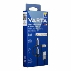 Cable USB Varta 2 m Negro 3 en 1 USB-C Micro USB Lightning