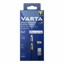 Cable USB Varta 2 m Negro 3 en 1 USB-C Micro USB Lightning