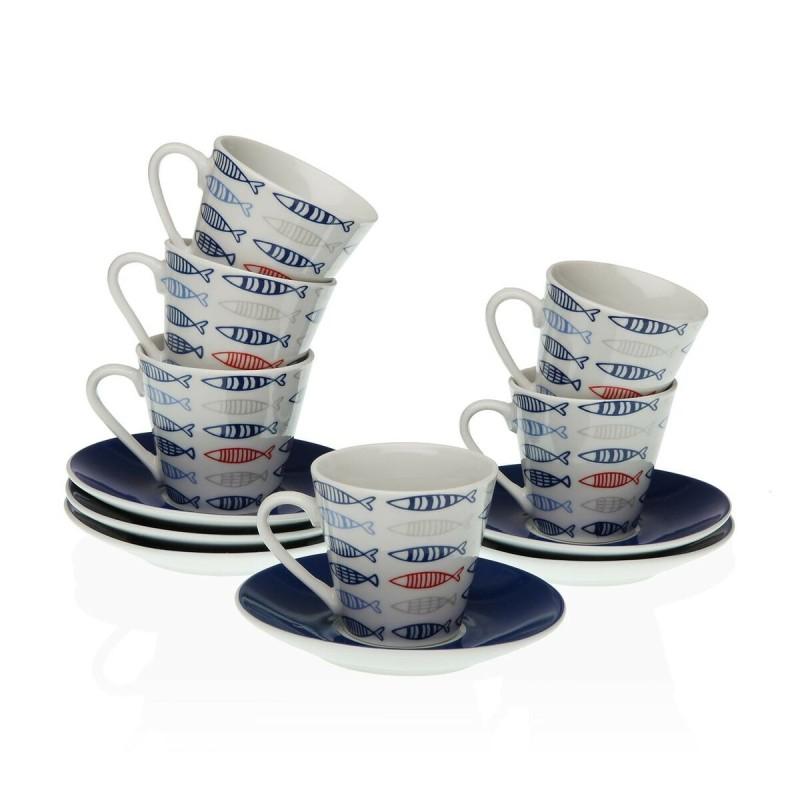 Juego de Tazas con Platos Versa Café Peces Porcelana (12 Piezas)