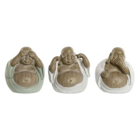 Figura Decorativa Home ESPRIT Blanco Verde Buda Oriental 10 x 9 x 10,5 cm (3 Unidades)