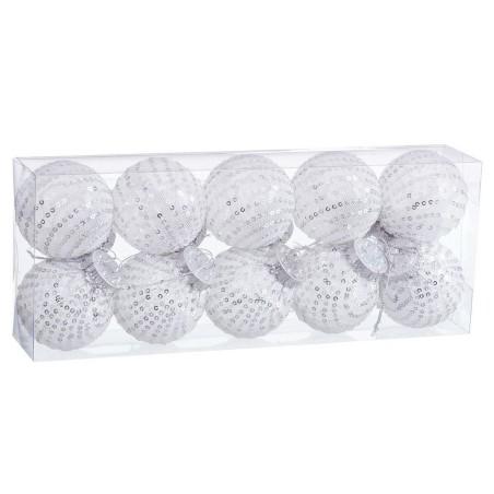 Bolas de Navidad Blanco Plateado Plástico Tejido Lentejuelas 6 x 6 x 6 cm (10 Unidades)