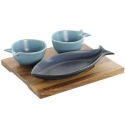 Set de Aperitivo Home ESPRIT Azul Azul cielo Porcelana Acacia Mediterráneo Peces 19,5 x 16,5 x 1,3 cm 4 Piezas