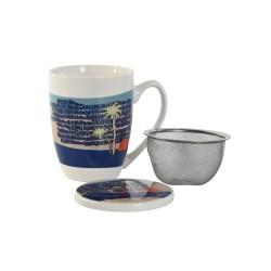 Taza con Filtro para Infusiones Home ESPRIT Azul Verde Acero Inoxidable Porcelana Tropical 380 ml (3 Unidades)