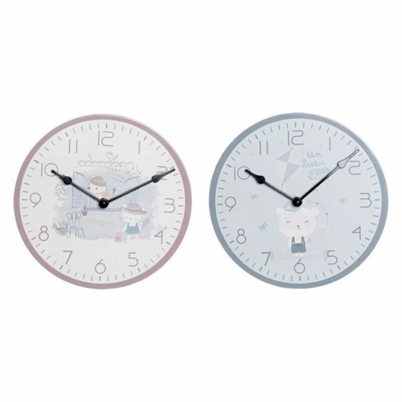 Reloj de Pared DKD Home Decor Azul Rosa Madera Metal Plástico Madera MDF Infantil Pájaro 24 x 3 x 24 cm (2 Unidades)