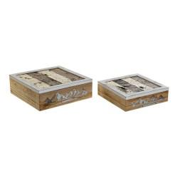 Juego de Cajas Decorativas DKD Home Decor 8424001775835 Metal Madera Marrón Blanco 24 x 24 x 7,5 cm Madera MDF (2 Unidades)