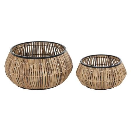 Set de Macetas DKD Home Decor Negro Natural Metal Ratán Cuadrado Bali 50 x 50 x 25,4 cm (2 Unidades)