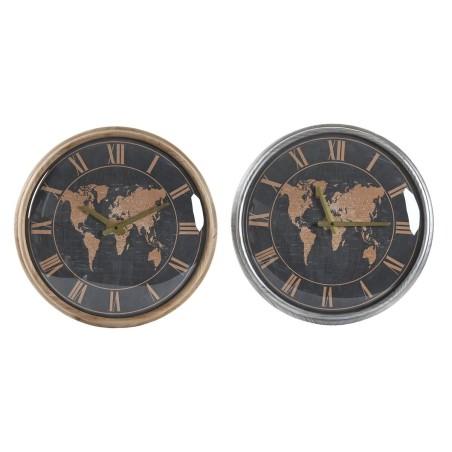 Reloj de Pared DKD Home Decor 46 x 6,5 x 46 cm Cristal Plateado Negro Dorado Marrón Hierro Mapamundi (2 Unidades)