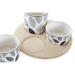 Set de Aperitivo DKD Home Decor Blanco/Negro Bambú Gres Hojas Cottage 3 Piezas 8 cm 20 x 20 x 8 cm