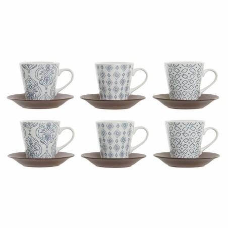 Juego de Tazas de Café DKD Home Decor Azul Marrón Madera de caucho Blanco Gres 150 ml