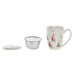 Taza con Filtro para Infusiones DKD Home Decor Velero Azul Blanco Rojo Acero Inoxidable Porcelana Veleros Mediterráneo 380 ml (1